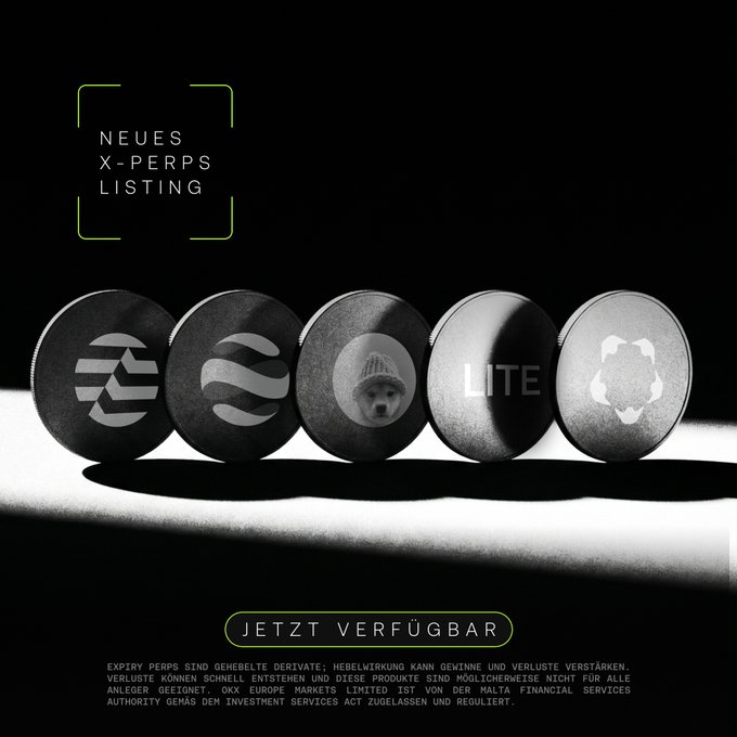 A dark promotional poster titled 'NEUES X-PERPS LISTING' ('Now Available') displaying five metallic coins with crypto logos, including 'LITE', against a black background.