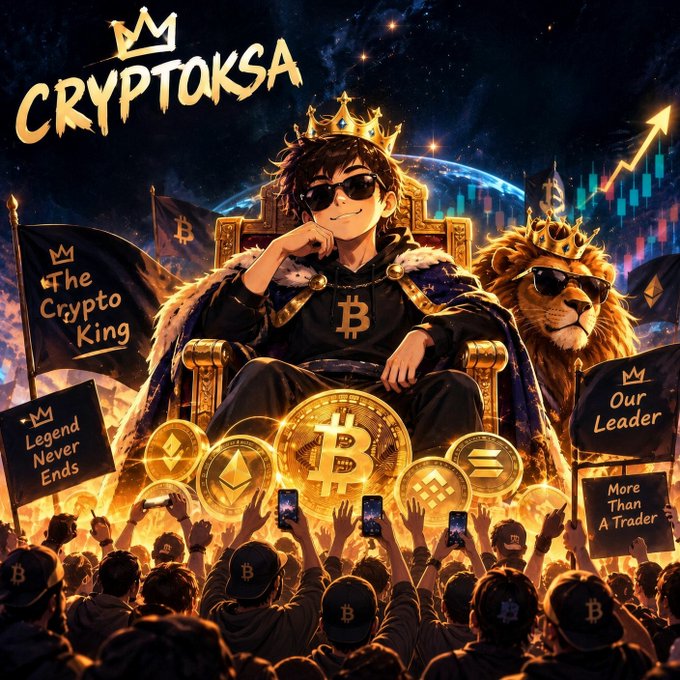 Anime-style illustration labeled 'CRYPTOKSA' depicting a young king wearing sunglasses and a Bitcoin necklace sitting on a throne alongside a lion with sunglasses, surrounded by a cheering crowd holding crypto coins and flags reading 'The Crypto King', 'Legend Never Ends', 'Our Leader', and 'More Than A Trader'.