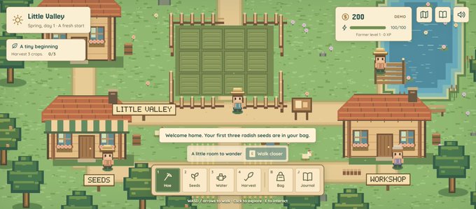 A pixel-art farming simulation game screenshot titled 'Little Valley,' showing a farmer character, crops, a workshop, and on-screen text reading 'Welcome home. Your first three radish seeds are in your bag.'