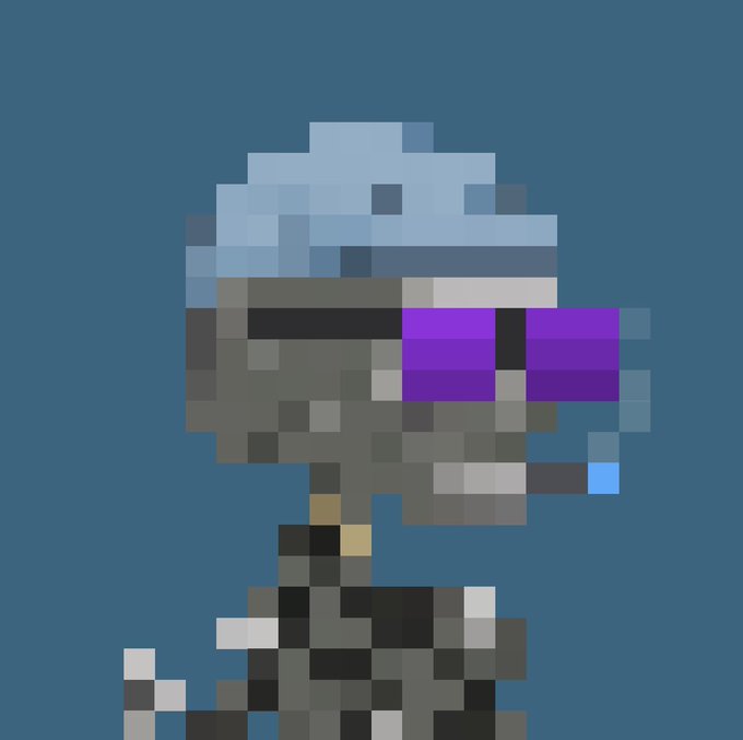 A pixel art character with blue-gray hair and purple rectangular sunglasses stands against a solid teal background.