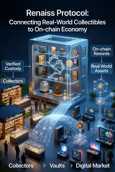 The image is a promotional infographic for "Renaiss Protocol," illustrating how it connects real-world collectibles to an on-chain economy. It depicts a flow from "Collectors" through "Vaults" to a "Digital Market," with features like "Verified Custody," "On-chain Resords" (note the typo), and "Real World Assets," visually showing physical items like art and coins being bridged to digital marketplaces via blockchain networks.