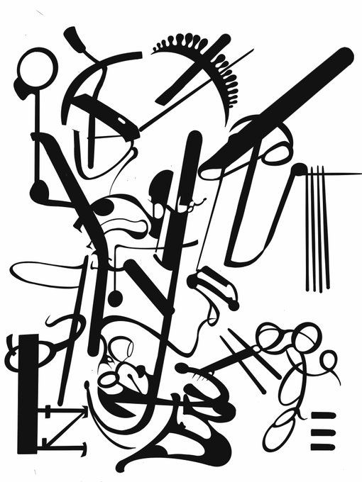 An abstract black and white artwork featuring a chaotic composition of overlapping geometric and linear shapes.