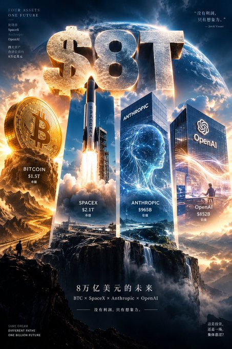 A dramatic promotional poster titled "$8T" showcasing "Four Assets One Future" - Bitcoin ($1.5T), SpaceX ($2.1T), Anthropic ($965B), and OpenAI ($852B) - with Chinese text reading "8万亿美元的未来" ("The $8 Trillion Future").