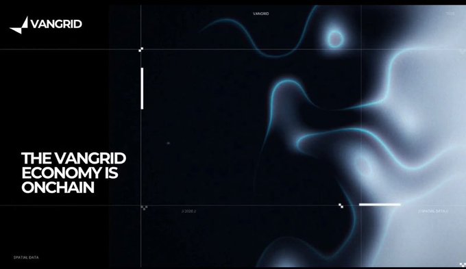 Dark, futuristic graphic for VANGRID with the tagline 'THE VANGRID ECONOMY IS ONCHAIN,' featuring abstract glowing cyan fluid shapes overlaid with a grid interface.