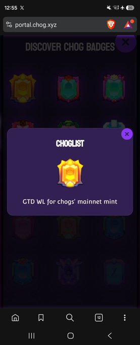 A mobile screenshot of "portal.chog.xyz" displaying a "DISCOVER CHOG BADGES" popup for a "CHOGLIST" badge with the text "GTD WL for chogs' mainnet mint".