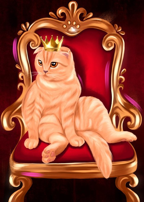 A digital illustration shows a fluffy orange tabby cat wearing a golden crown, sitting regally on an ornate red and gold throne against a dark red background.