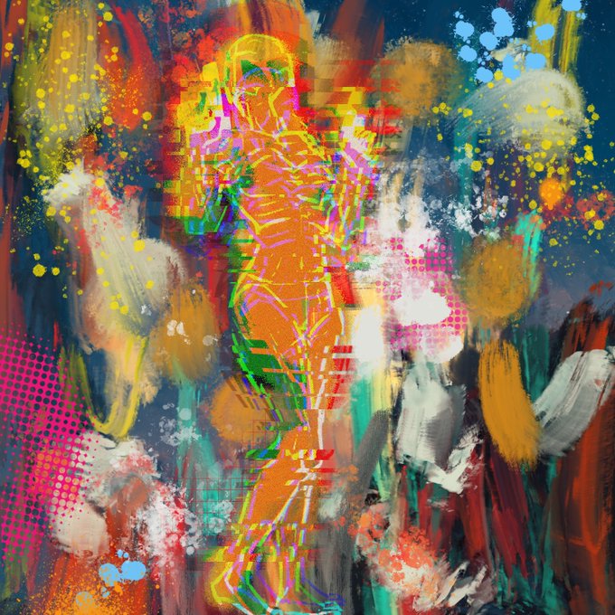 A vibrant, abstract painting of a human figure rendered in neon colors with glitch effects, splatters, and halftone patterns against a dynamic multi-colored background.