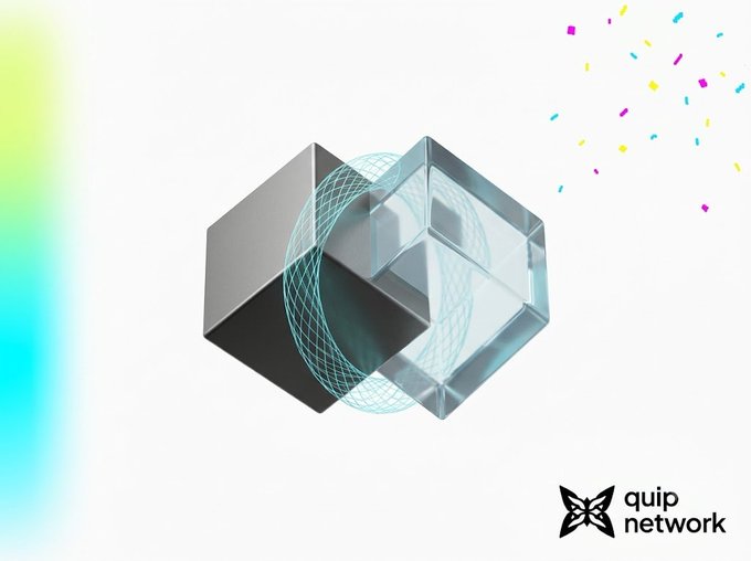 Abstract digital artwork featuring overlapping geometric cubes with glowing wireframe circles and colorful confetti, branded with the 'quip network' logo in the corner.