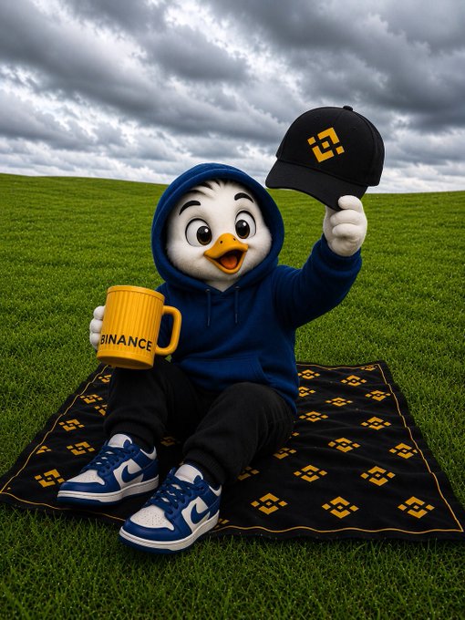 A penguin mascot character wearing a blue hoodie, black pants, and Nike sneakers, sitting on a Binance-branded mat, holding a Binance mug and a Binance cap, set in a grassy field.