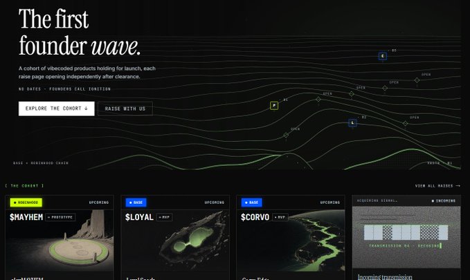 A webpage titled 'The first founder wave' for Vibestarter, featuring a wavy green data visualization and cohort of vibecoded products including $MAYHEM, $LOYAL, and $CORVO.