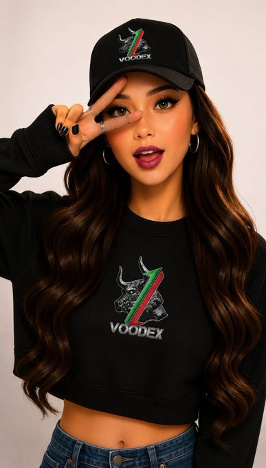 A woman models a black cap and matching long-sleeve crop top, both featuring a horned bull logo with the word 'VOODEX' underneath.