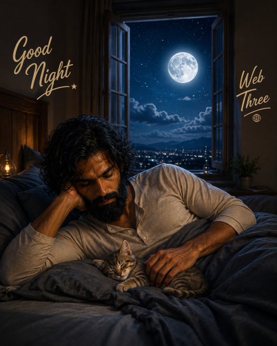 A peaceful nighttime scene showing a bearded man resting in bed with his eyes closed, petting a sleeping tabby kitten, while a full moon shines through an open window; the image includes the text 'Good Night' and 'Web Three'.