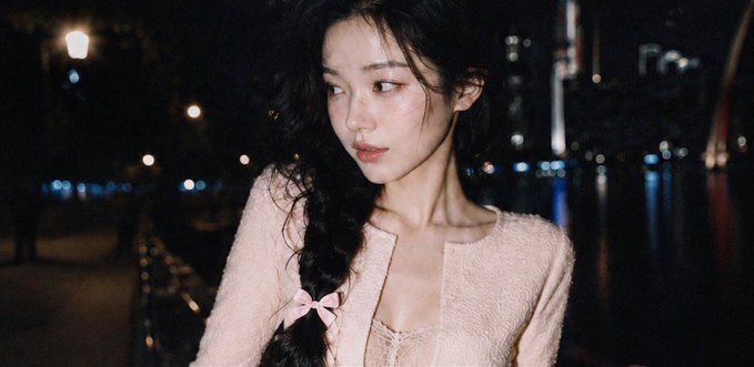 A young woman with a long dark braid adorned with a pink bow stands by a waterfront at night, city lights glowing in the background, as she looks off to the side in a soft pink textured cardigan. The image complements the hopeful, dreamy tone of the post, capturing a candid, contemplative moment that mirrors the anticipation of wishes coming true.
