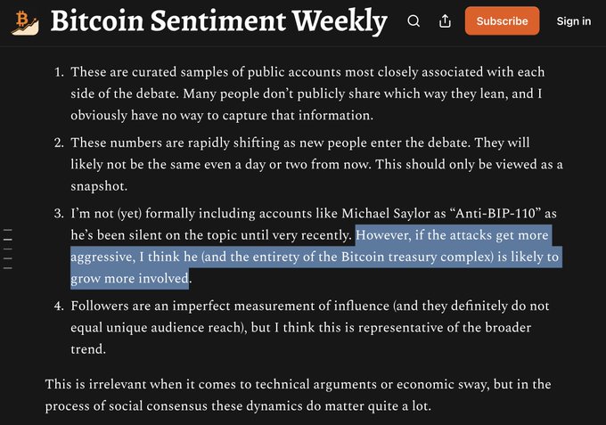 The image shows a "Bitcoin Sentiment Weekly" page with a highlighted note (point 3) stating the author isn't yet formally including Michael Saylor as "Anti-BIP-110" because he'd been silent on the topic, but predicts "if the attacks get more aggressive, I think he (and the entirety of the Bitcoin treasury complex) is likely to grow more involved." This connects to the post by highlighting the prediction that Saylor would formally come out against BIP-110, as the image captures the speculation that foreshadowed this stance.