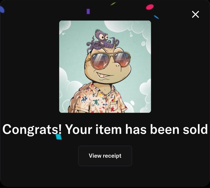 A confirmation screen showing an NFT character (turtle with sunglasses and an octopus) with text 'Congrats! Your item has been sold' and a 'View receipt' button.