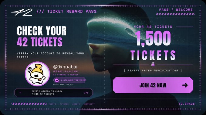 A digital "TICKET REWARD PASS" promotional page for "42," offering 1,500 tickets for joining, with a verified account badge for "@0xzhubai" and a futuristic 3D-rendered character wearing a glowing blindfold.
