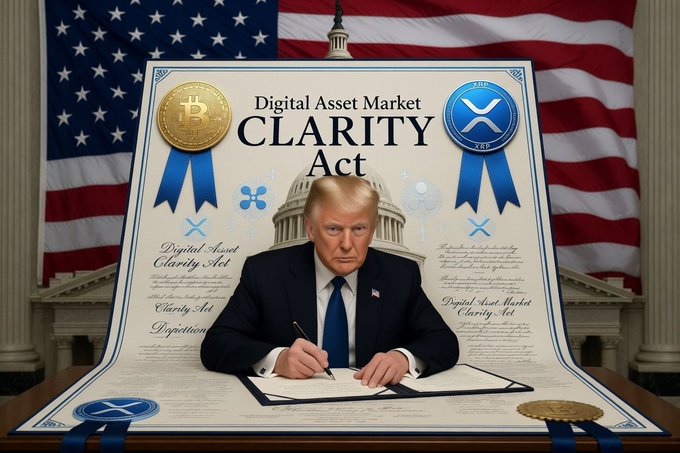 An AI-generated image of Donald Trump signing the 'Digital Asset Market Clarity Act' document, with Bitcoin and XRP coin graphics and an American flag in the background.