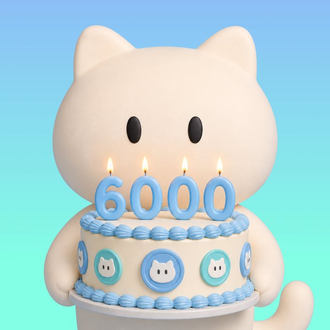 A 3D rendering of a cute white cat character holding a birthday cake decorated with '6000' shaped candles, set against a gradient blue background.