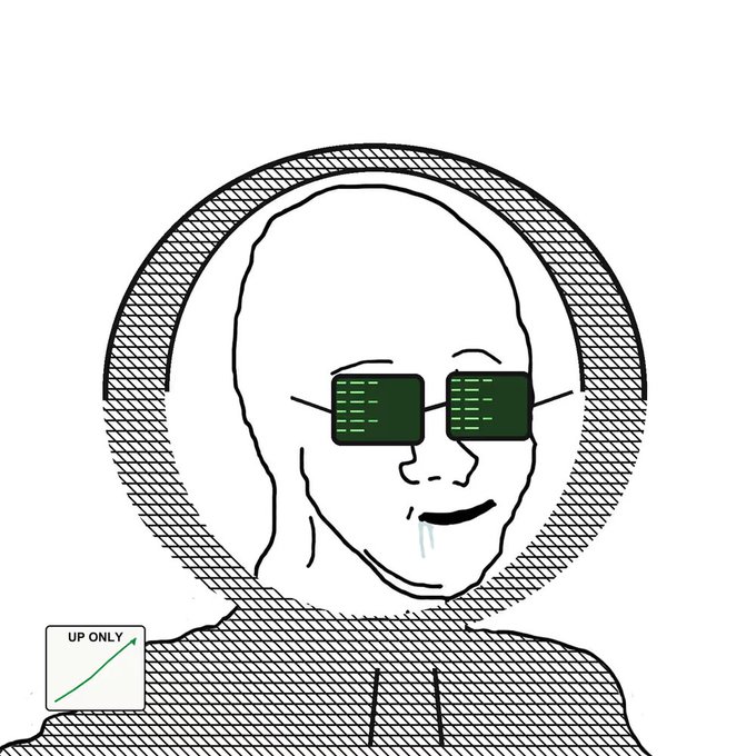 A black and white drawing of a smiling bald figure wearing glasses with green digital displays, alongside a small chart labeled "UP ONLY" with an upward trending line.