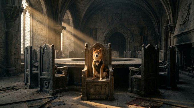 A small dog sits on a carved chair at the center of a circular stone table in a dim, cathedral-like hall, with shafts of light entering through tall windows.