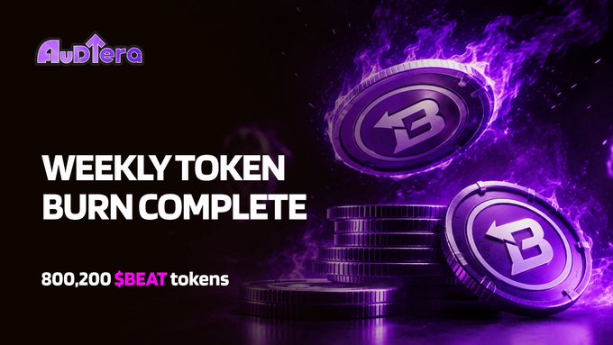 A promotional graphic for Audiera announcing a 'WEEKLY TOKEN BURN COMPLETE' of 800,200 $BEAT tokens, featuring purple glowing coins with the Audiera logo against a dark background.