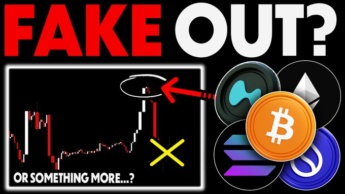 The image is a YouTube thumbnail featuring bold red and white text reading "FAKE OUT?" at the top and "OR SOMETHING MORE...?" at the bottom, alongside a Bitcoin price chart showing a sharp rally followed by a steep drop (circled in red), with icons of major cryptocurrencies—Bitcoin, Ethereum, Solana, and XRP—displayed on the right. It relates directly to the post by visually questioning whether Bitcoin's recent rebound is a deceptive price move or the start of a genuine upward trend.