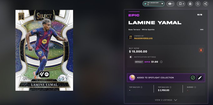 The image shows a digital collectible card of Lamine Yamal (a Panini blockchain "EPIC" selection card numbered 5/8) listed for $15,000, corresponding to the celebratory post about packing a rare 1/8 Yamal blockchain card.
