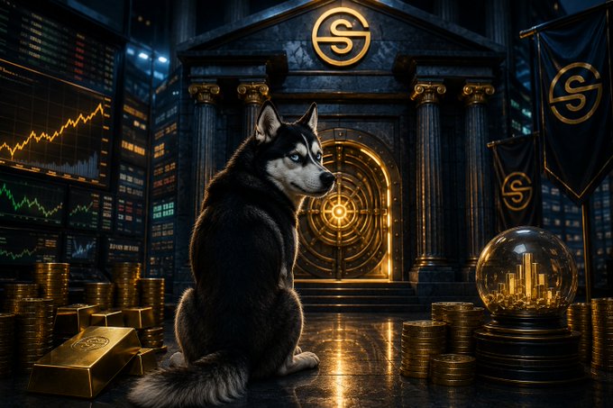 A black and white husky sits before a grand vault adorned with the "SR" (Standard RSV) logo, surrounded by gold coins, gold bars, and trading charts—visualizing the post's theme of chasing a coveted "Founding Charter" and the wealth-building game theory behind joining the Standard RSV ecosystem.