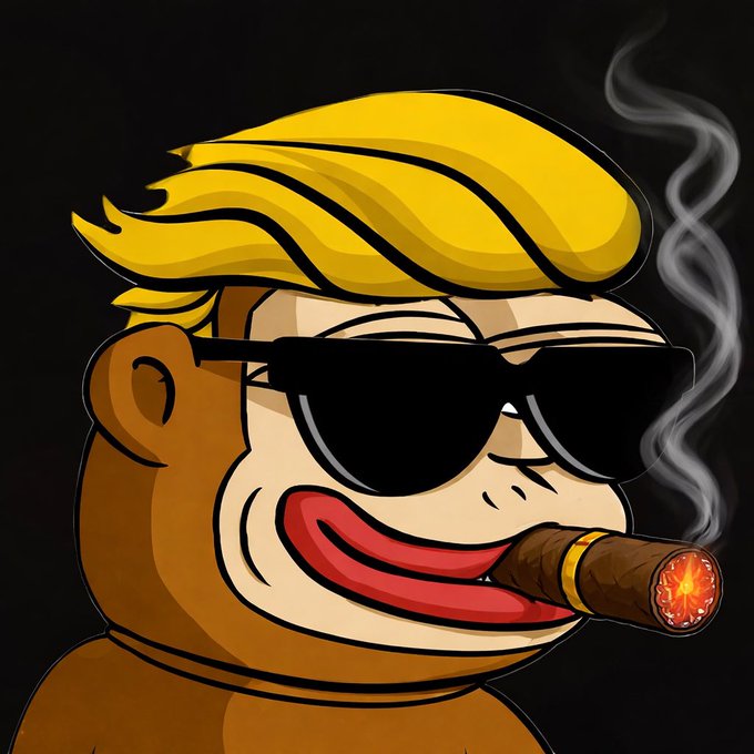 A cartoon monkey character with blonde hair, dark sunglasses, and a lit cigar in its mouth, set against a black background.