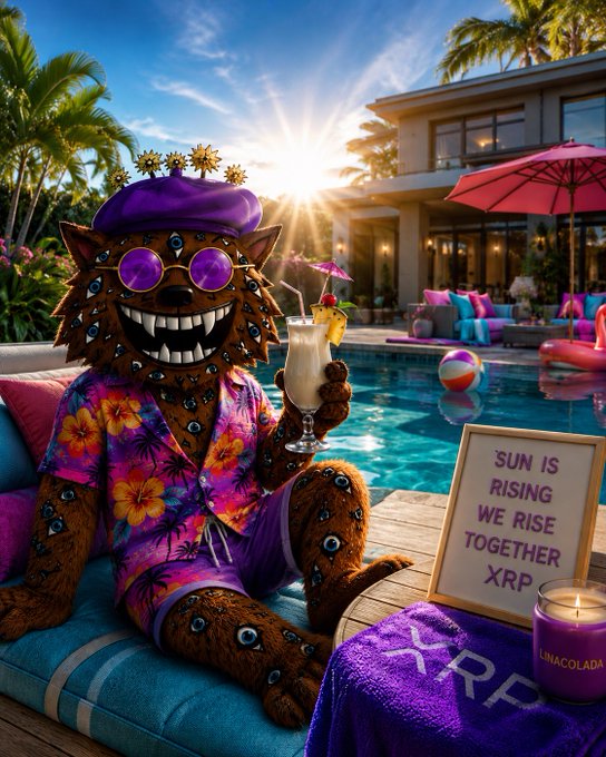 A furry mascot in a tropical Hawaiian outfit lounges by a pool with a cocktail, displaying a sign that reads "SUN IS RISING WE RISE TOGETHER XRP," perfectly capturing the upbeat Friday morning rallying cry for the $XRP community.