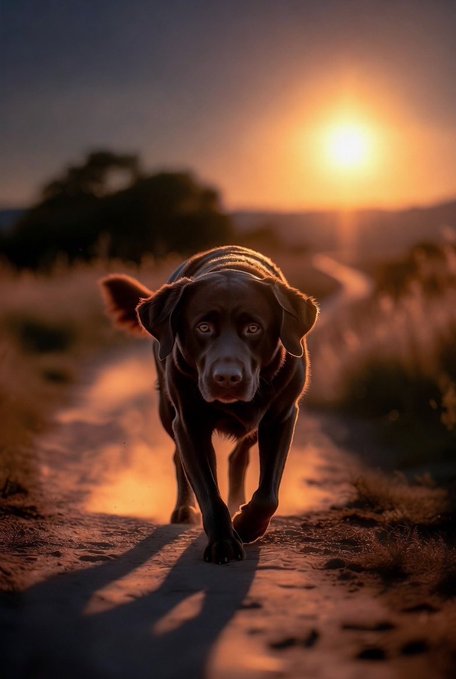 A brown dog walking forward on a dirt path at sunset, with the sun glowing brightly in the background.