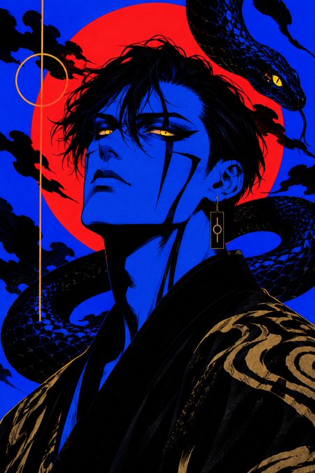 A stylized illustration of a blue-skinned figure with glowing yellow eyes in dark robes, set against a red sun with black snakes in the background.
