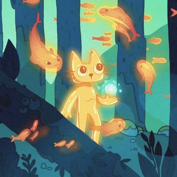 A whimsical illustration shows a glowing cat-like creature holding a luminous orb in a magical forest surrounded by floating fish, with no visible text or numbers. The fantastical image appears unrelated to the post's discussion about a cryptocurrency coin's price action and potential buying opportunities during dips.