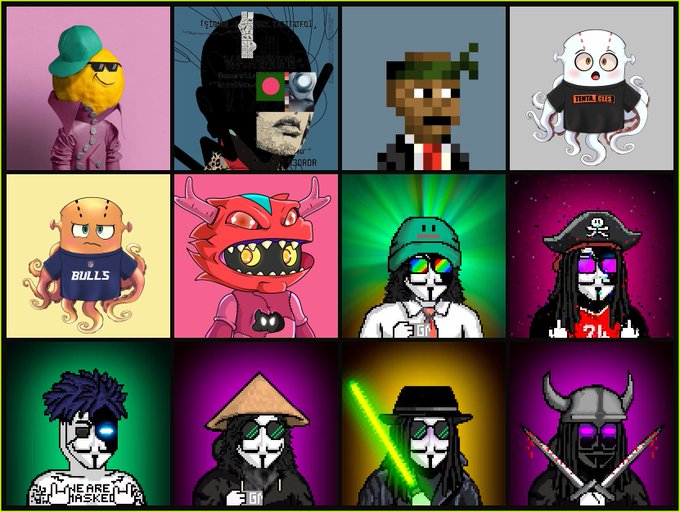 A 4x3 grid of pixel-art NFT avatars featuring various stylized characters, including one with a green cap, a pixelated cannabis plant, a white octopus wearing a 'STXULB MAX' shirt, a red devil, a Chicago Bulls basketball player, and figures resembling musicians with green visor shades.