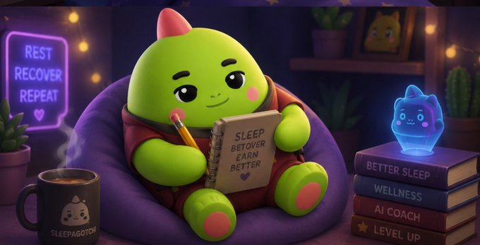 A whimsical 3D illustration of a green creature with a red crest writing in a notebook labeled 'SLEEP BETOVER EARN BETTER' next to a 'SLEEPAGOTCHI' mug, with books titled 'BETTER SLEEP', 'WELLNESS', 'AI COACH', and 'LEVEL UP'.