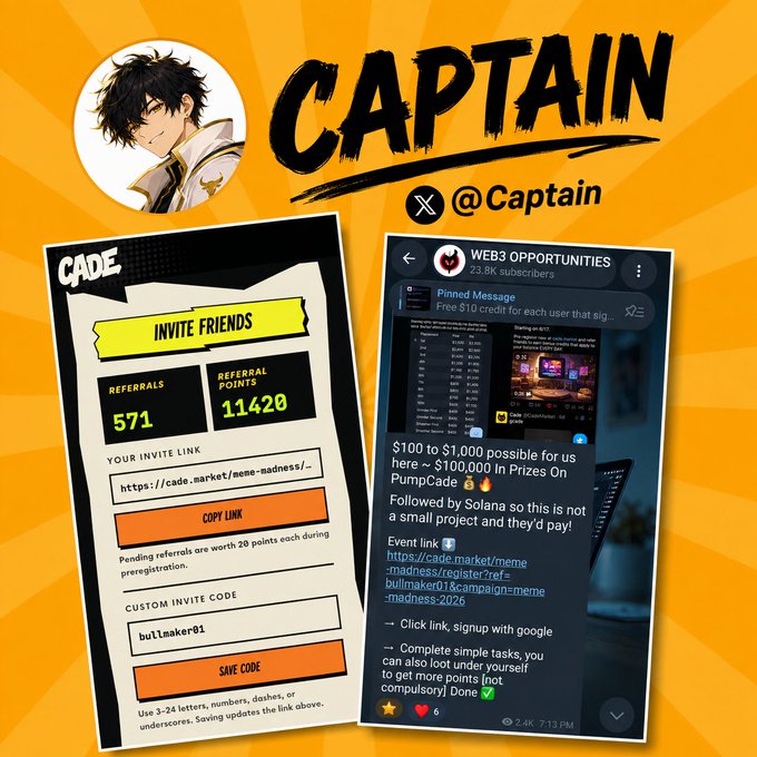 A promotional graphic titled "CAPTAIN" (@Captain) showcases a CADE referral dashboard displaying 571 referrals and 11,420 referral points alongside an invite link, paired with a tweet from @Web3Opportunitie about PumpCade's meme madness tournament where users can win $100-$1,000 in prizes, visually supporting the caption's call for an ongoing Meme Madness All-Stars tournament ranking that will be updated as the competition unfolds.