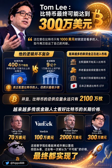 A Chinese-language infographic titled "Tom Lee: 比特币最终可能达到300万美元" (Bitcoin could ultimately reach $3 million), featuring Tom Lee of BitMine and three other financial figures (Larry Fink $700K, VanEck $1M, Michael Saylor $2M) with their Bitcoin price predictions, alongside statistics comparing the 9 global billionaires holding $1M+ in assets versus the 4 million wallets holding 1+ Bitcoin. The image visually reinforces the post's theme about Tom Lee's bullish $3M Bitcoin price target and references to long-term institutional support for Bitcoin's value.