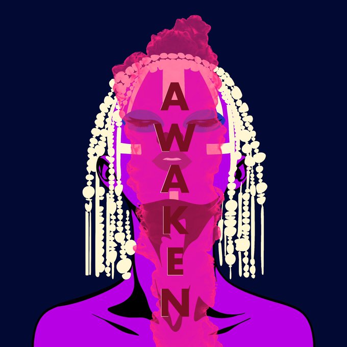 Stylized digital illustration of a person with pink and purple tones, featuring the word 'AWAKEN' spelled vertically across the face against a dark blue background.