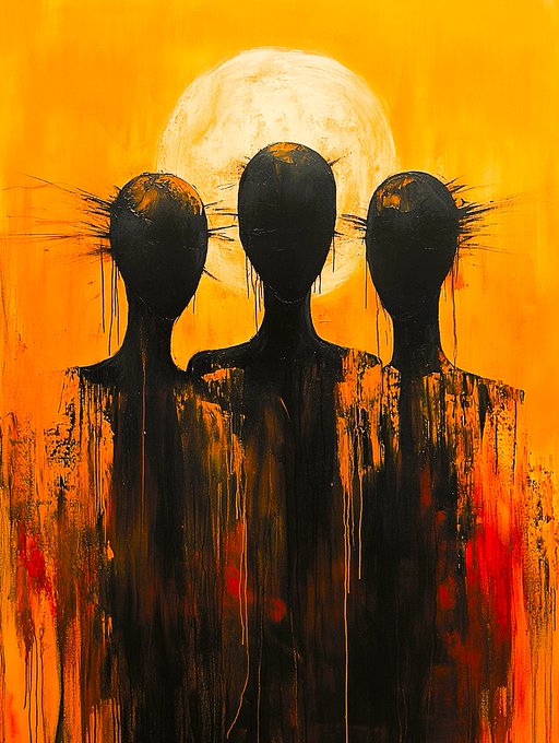 An abstract painting featuring three black silhouetted figures with spiky heads standing against a bright orange background with a large white sun/moon.