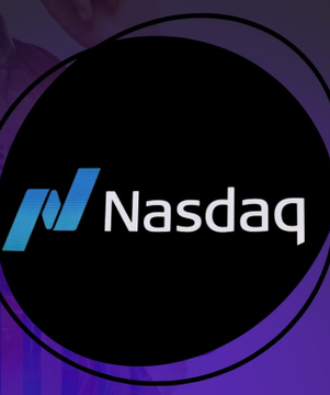 A graphic displaying the blue and white Nasdaq logo on a black circular background against a purple backdrop.