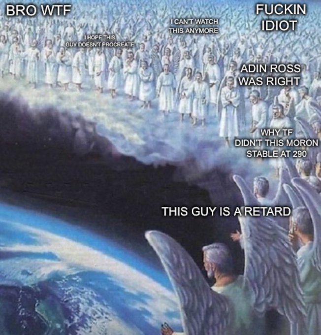 A meme featuring angels looking down at Earth with overlaid text expressing frustration and mockery, including phrases like "BRO WTF," "FUCKIN IDIOT," "I CAN'T WATCH THIS ANYMORE," "I HOPE THIS GUY DOESN'T PROCREATE," "ADIN ROSS WAS RIGHT," "WHY TF DIDN'T THIS MORON STABLE AT 290," and "THIS GUY IS A RETARD."