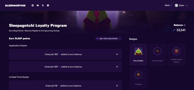The image shows the Sleepagotchi Loyalty Program dashboard with a balance of 33,541 sleep points, featuring a "Dero Holder" badge alongside Dreaminators and Collaboration Winner badges, while recent application quests like "Great job! 912" and "Great job! 437" have been added to the balance—illustrating the routine of completing quests and watching sleep points accumulate that the post describes.