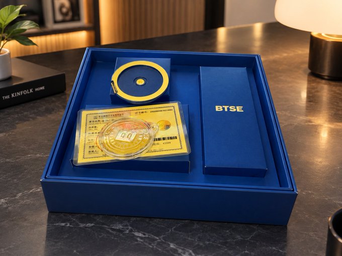 A BTSE-branded navy blue gift box sits on a dark marble surface, containing a golden commemorative coin with a certificate card and a circular display stand, with a "THE KINFOLK HOME" book visible in the background. The image showcases the premium crypto-themed "golden pancake" gift mentioned in the post, reflecting the recipient's excitement about receiving the BTSE community giveaway for the first time.