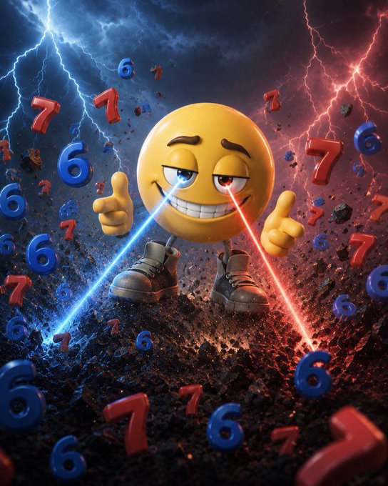 A digital artwork featuring a smirking emoji with laser eyes, wearing brown boots, surrounded by blue 6s and red 7s with lightning in the background.
