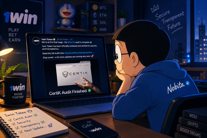 A character labeled "Nobita" in a 1win hoodie watches content about the 1win Token and a completed CertiK audit on a laptop screen, with visible text highlighting "CertiK Audit Finished ✅" and "1win Token: PLAY, BET, EARN," reinforcing the post's message about the token passing its independent security audit.
