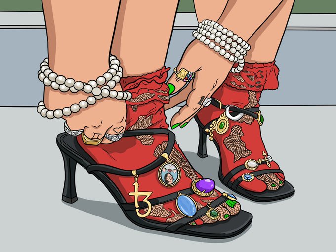 A stylized illustration shows a pair of legs in red lace high-heeled boots adorned with jewelry, charms, and gemstone embellishments, with the person's hands adjusting the boots.