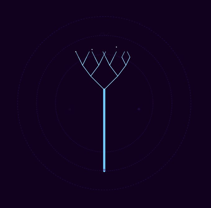 A minimalist digital illustration of a blue and white stylized tree-like or antler-like symbol centered on a dark navy background with faint concentric circles.