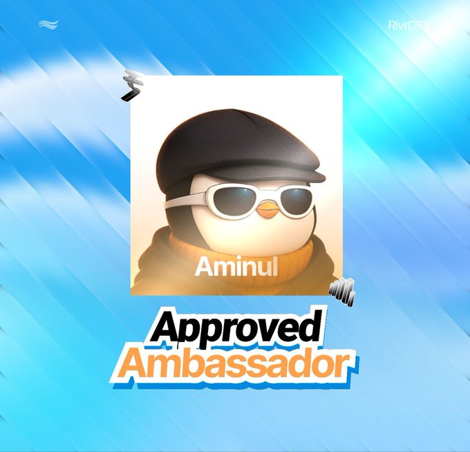 A graphic showing a 3D penguin character wearing sunglasses and a cap labeled 'Aminul' with 'Approved Ambassador' text below, set against a blue striped background with RiverDEX branding.