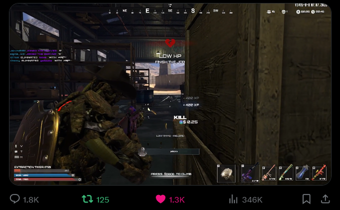 A first-person shooter video game screenshot showing a 'LOW HP' warning and 'PRESS SPACE TO LURE' text, with social media engagement metrics of 1.8K comments, 125 reposts, 1.3K likes, and 346K views.