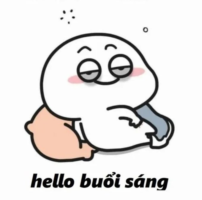 A cartoon sticker of a round, white, sleepy-looking character holding a pillow and blanket with the text 'hello buổi sáng' below it.